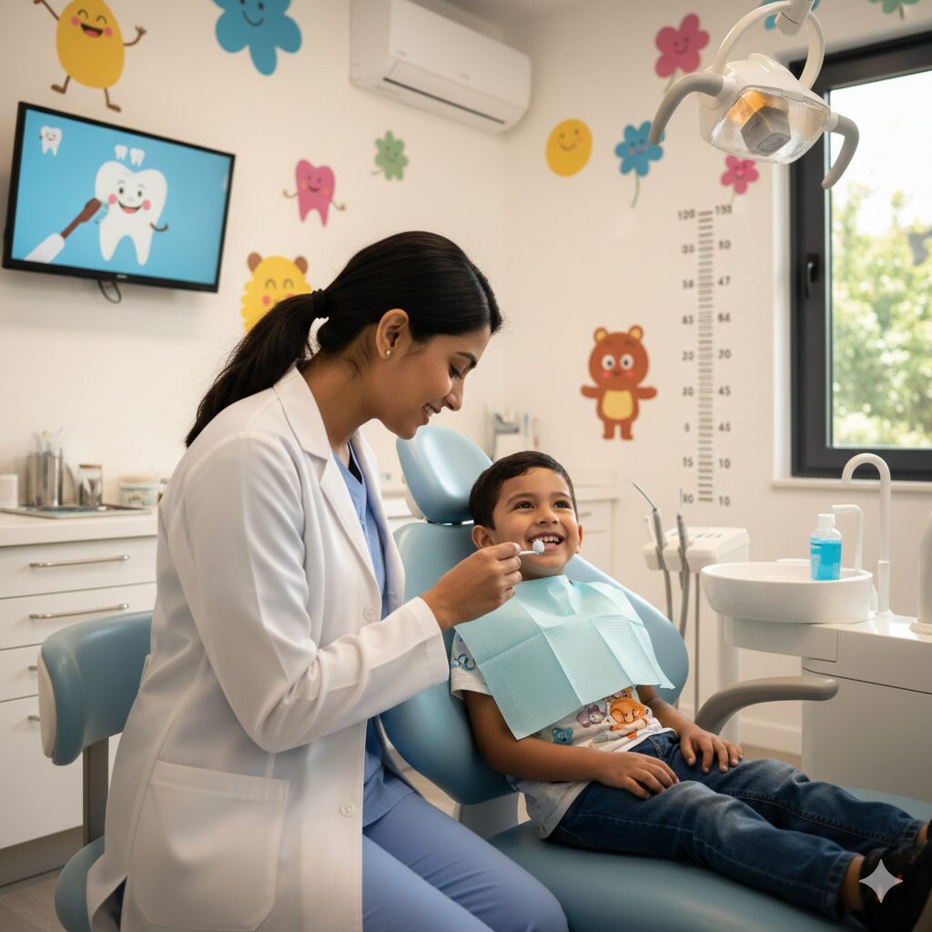 Child getting dental checkup for cavity treatment