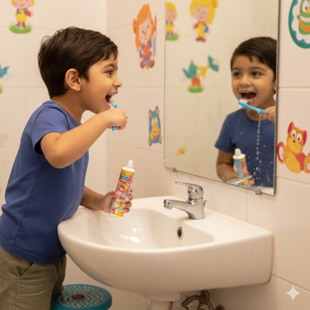 child brushing teeth with colorful toothbrush