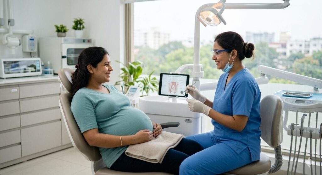 Pregnant woman consulting dentist for safe dental treatment at Ivory Dental World JP Nagar