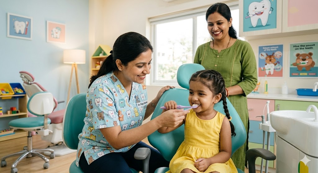 Child learning gentle brushing technique with dentist guidance at Ivory Dental World JP Nagar