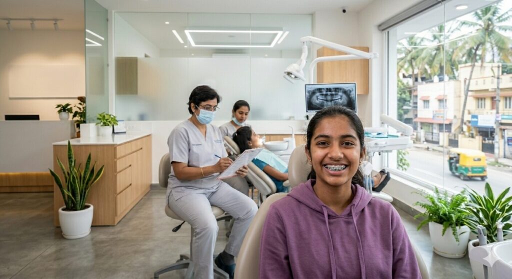 metal braces treatment in Bangalore smiling patient orthodontic care