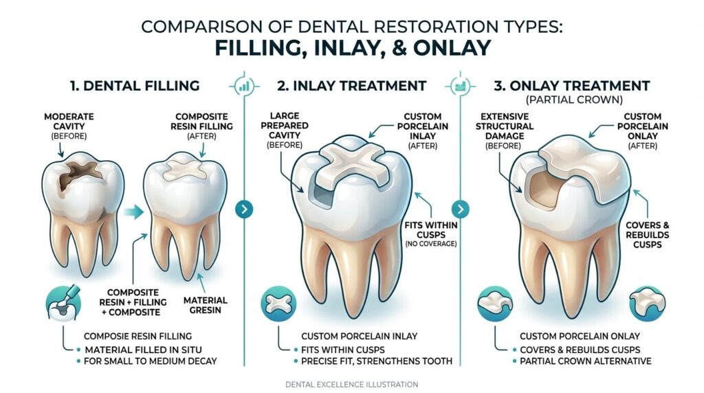 fillings vs inlays vs onlays tooth restoration comparison