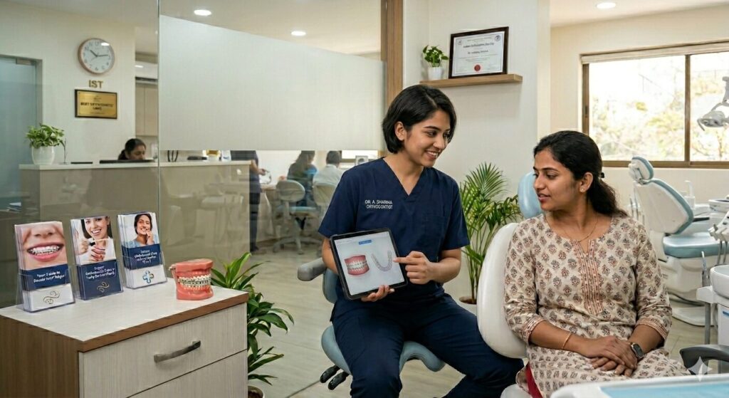 best dentist for braces in JP Nagar consulting patient about orthodontic treatment