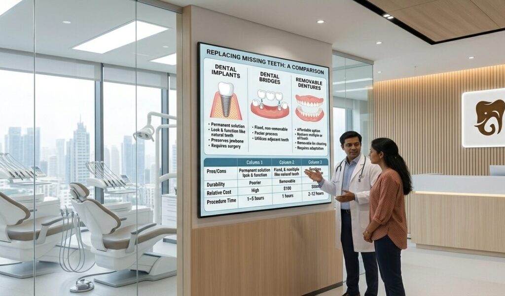 tooth replacement options in Bangalore implants dentures bridges