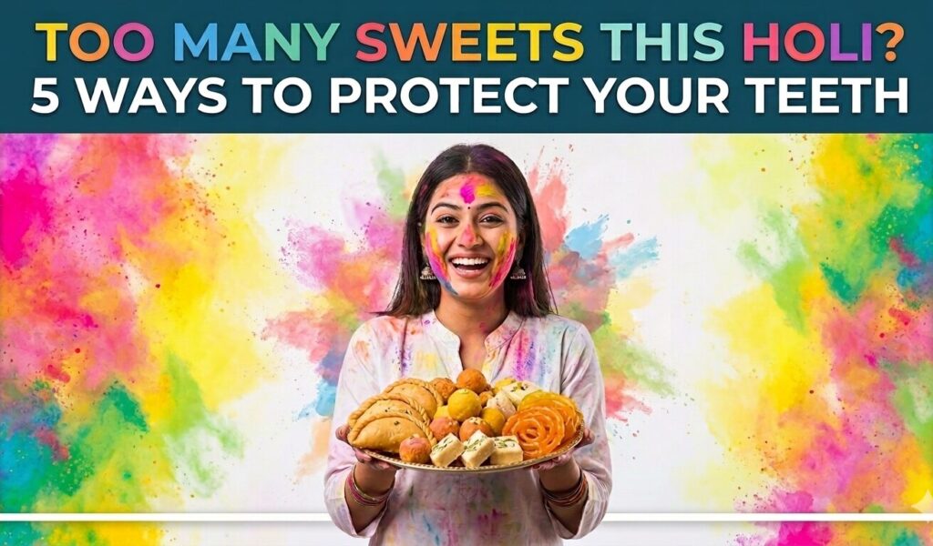 Dentist explaining how Holi sweets affect teeth and tips to protect teeth from sugar during the Holi festival