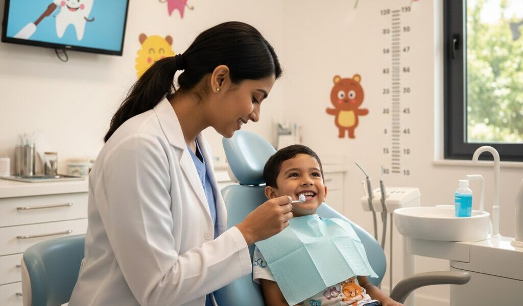 Child getting dental checkup for cavity treatment