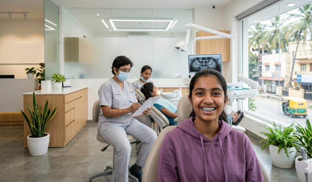 metal braces treatment in Bangalore smiling patient orthodontic care