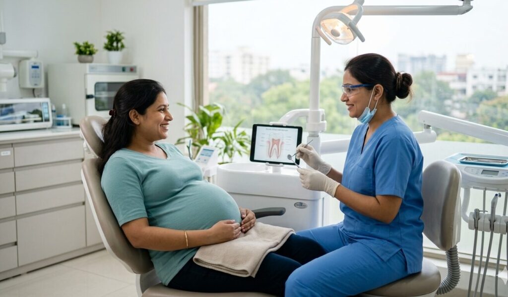 Pregnant woman consulting dentist for safe dental treatment at Ivory Dental World JP Nagar