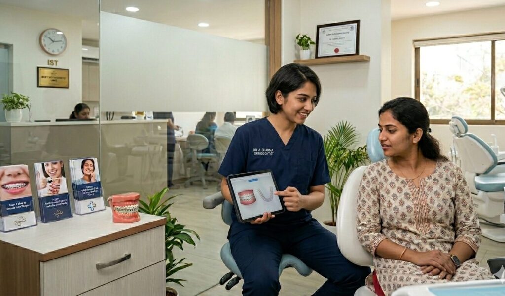 best dentist for braces in JP Nagar consulting patient about orthodontic treatment