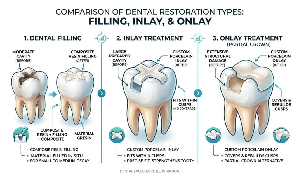fillings vs inlays vs onlays tooth restoration comparison