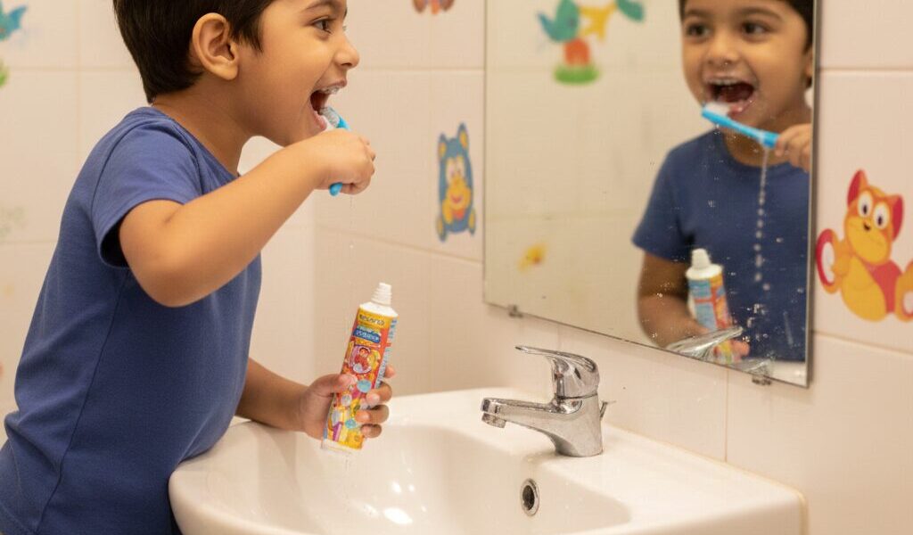 child brushing teeth with colorful toothbrush