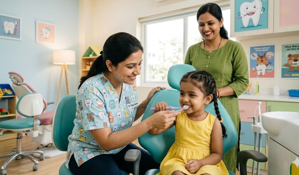 Child learning gentle brushing technique with dentist guidance at Ivory Dental World JP Nagar