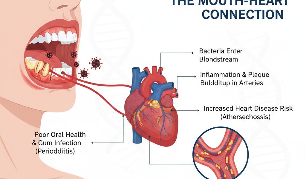 Illustration showing the connection between oral health and heart disease